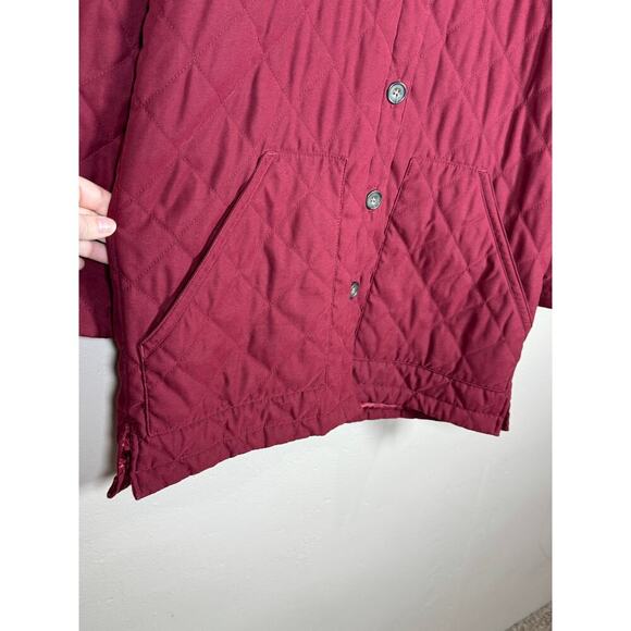 Eddie Bauer Womens Long Quilted Maroon Chore Jacket Brown Collar Utility Small - Picture 3 of 11